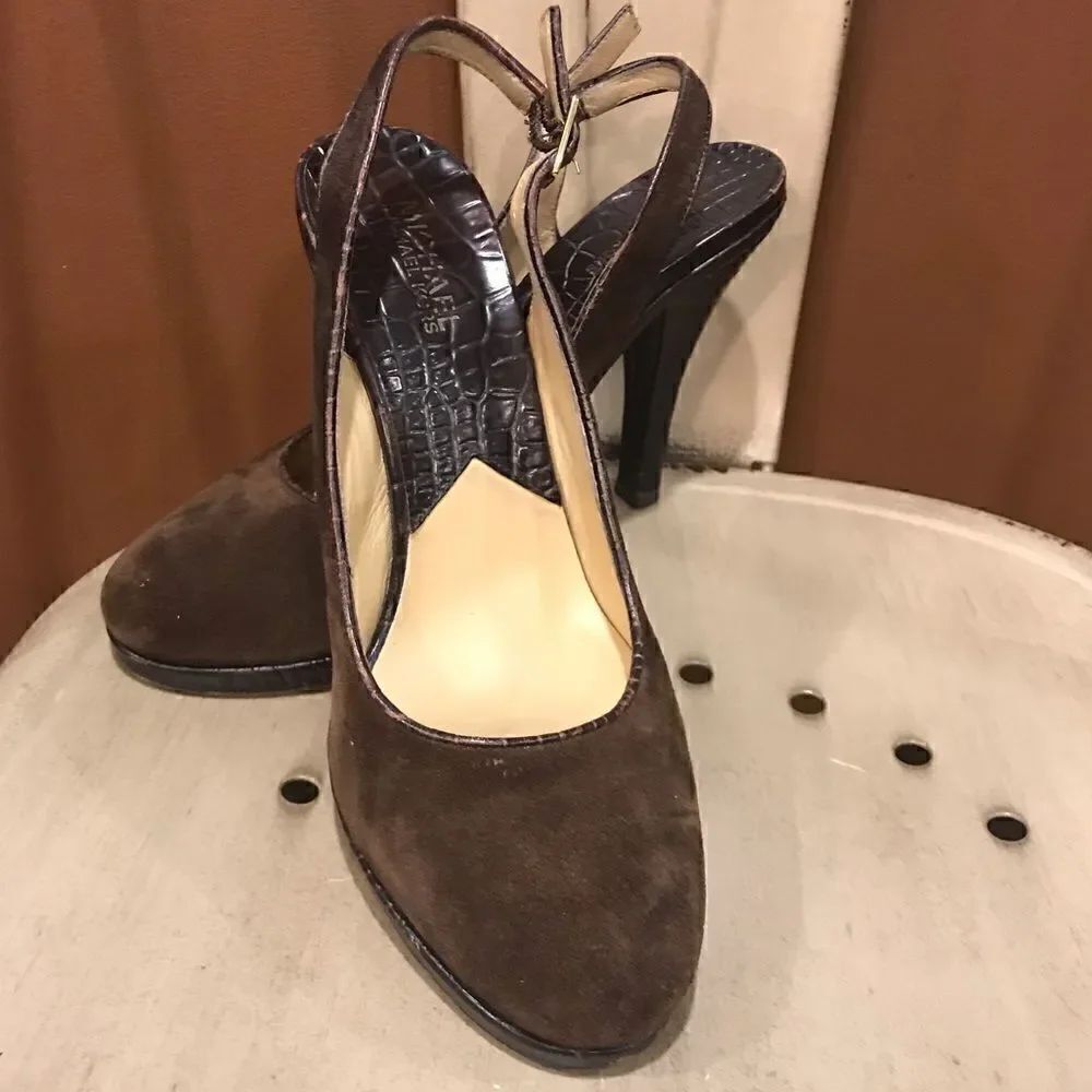 Michael Kors brown suede and snakeskin print heels